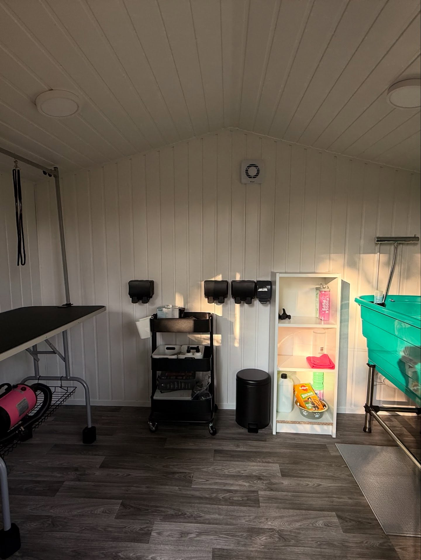 Inside Kiara's home grooming salon in Mickleover, with table, bath and dryers